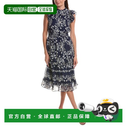 自营CeCe Flutter袖烟熏腰部中长款连衣裙-海军蓝 美国奥莱直发