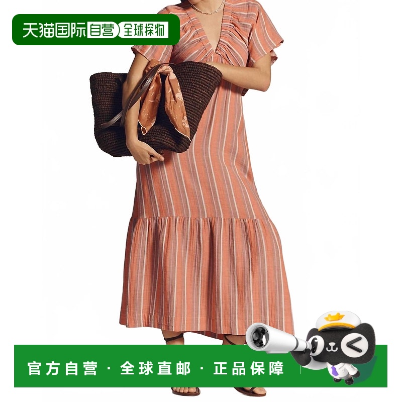 自营 sundry亮珊瑚色薄纱条纹V领连衣裙 美国奥莱直发