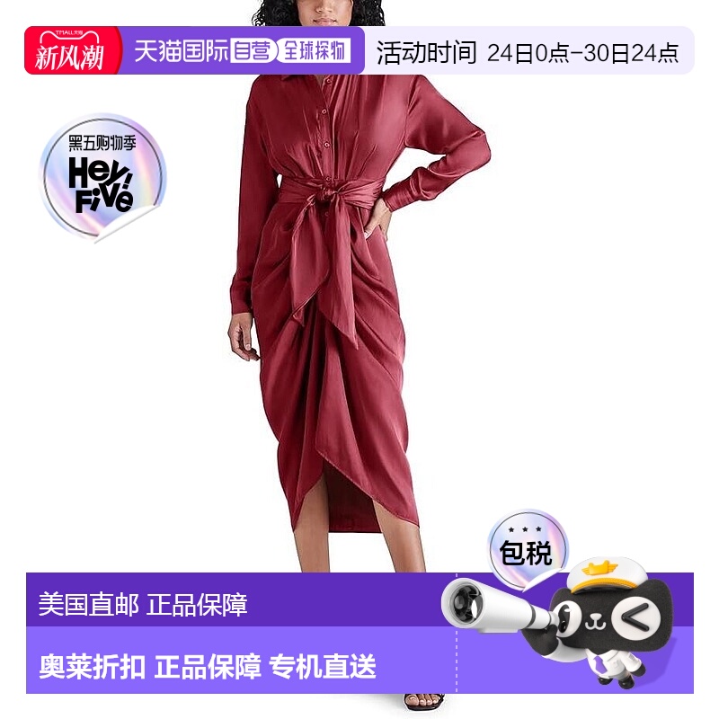 自营 Steve Madden Sula女式衬衫连衣裙4件红色卷边前襟长袖ERK32