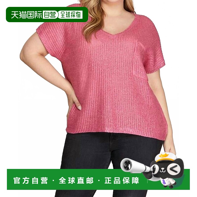 自营she + sky短袖V领金属涂层毛衣上衣，前袋为糖果粉-糖果粉 美