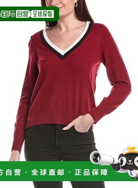 自营CeCe Deep V Contrast Trim Sweater - red 美国奥莱直发