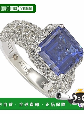 自营 Suzy Levian 925 纯银祖母绿切割蓝宝石和钻石装饰戒指，带