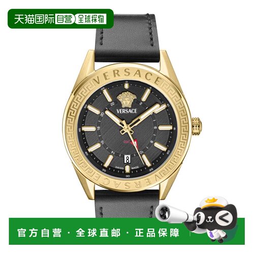 自营versaceV-Code GMT Leather Watch - black/gold/black 美国