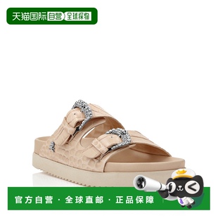美国奥莱 philipp 裸粉色 扁平水晶 plein鳄鱼印花皮革凉鞋
