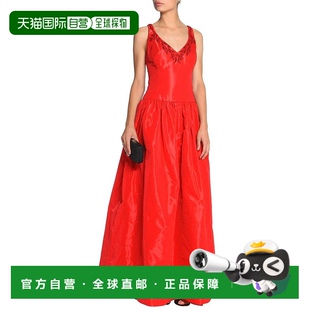 美国奥莱 红色 自营 marchesa红色塔夫绸缎舞会礼服缀饰连衣裙