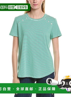 自营 Jones New York珐琅肩扣T恤-绿色 条纹美国直发奥莱短袖