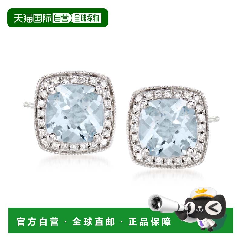 自营ross-simons罗斯-西蒙斯海蓝宝石和 . 14kt 白金钻石耳环 蓝