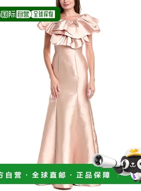 自营 Rene Ruiz Mikado声明领口合身喇叭形礼服-金色 美国奥莱直