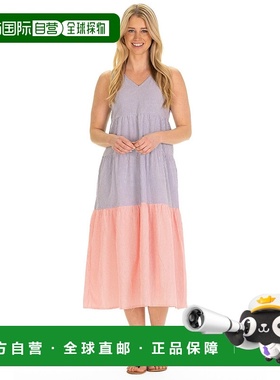 自营duffield lane霓虹珊瑚色和蓝色Seersucker的Kalina连衣裙-多