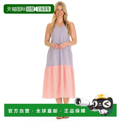 自营duffield lane霓虹珊瑚色和蓝色Seersucker的Kalina连衣裙-多