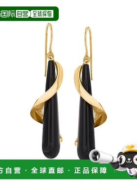 自营 Ross-Simons 14 克拉黄金细长黑色缟玛瑙泪珠状螺旋耳环 美