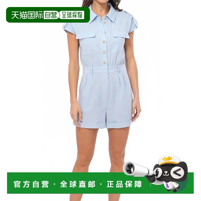 自营greylinLudi Linen Blend Button Down Romper In Shore Blue