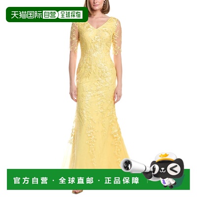 自营Rene Ruiz V-Neck Elbow Sleeves Trumpet Gown - yellow 美