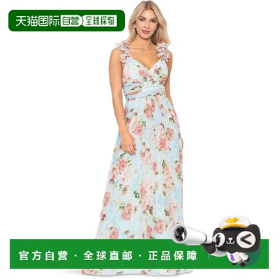自营Betsy & Adam Maxi Dress  Blue Floral Pleated Ruffle Trim