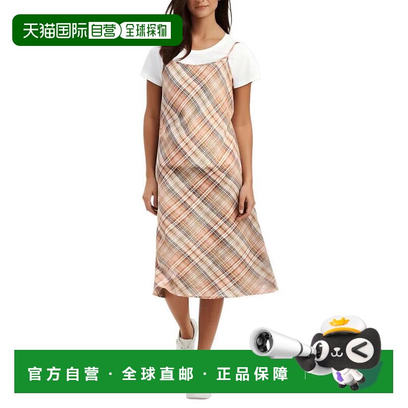 自营Nautica牛仔裤Midi连衣裙女式棕色格子分层意大利面条表带FTS图片