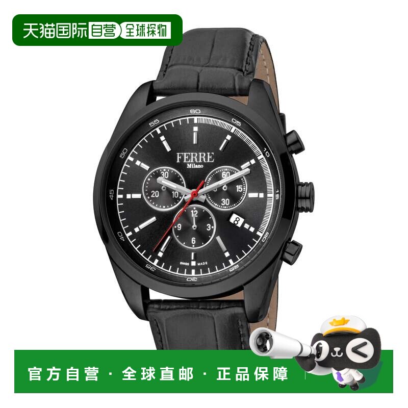 自营Ferre Milano 男士黑色表盘黑色皮革手表 - 黑色 美国奥莱直