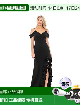 自营Xscape Maxi Dress Women Black Crepe Side Slit Ruffle Hem
