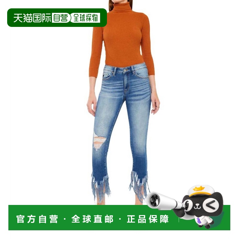 自营 kancanDalton中腰流苏脚踝紧身牛仔裤浅蓝色-浅蓝色 美国奥
