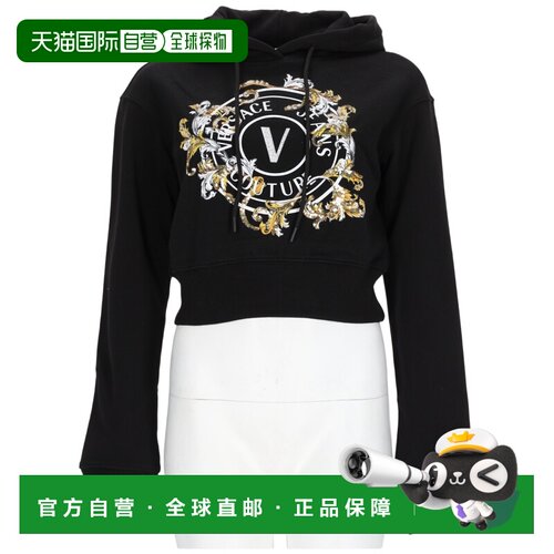 自营versace jeans couture裁切黑色巴洛克标志抽绳棉质连帽衫-黑