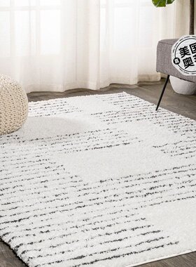 jonathan y Petra 抽象条纹几何粗毛地毯 - 白色/黑色 【美国奥莱