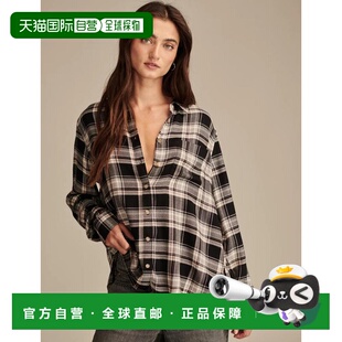 自营lucky brandLucky品牌女云纹格子男友法兰绒衬衫-黑色 美国奥