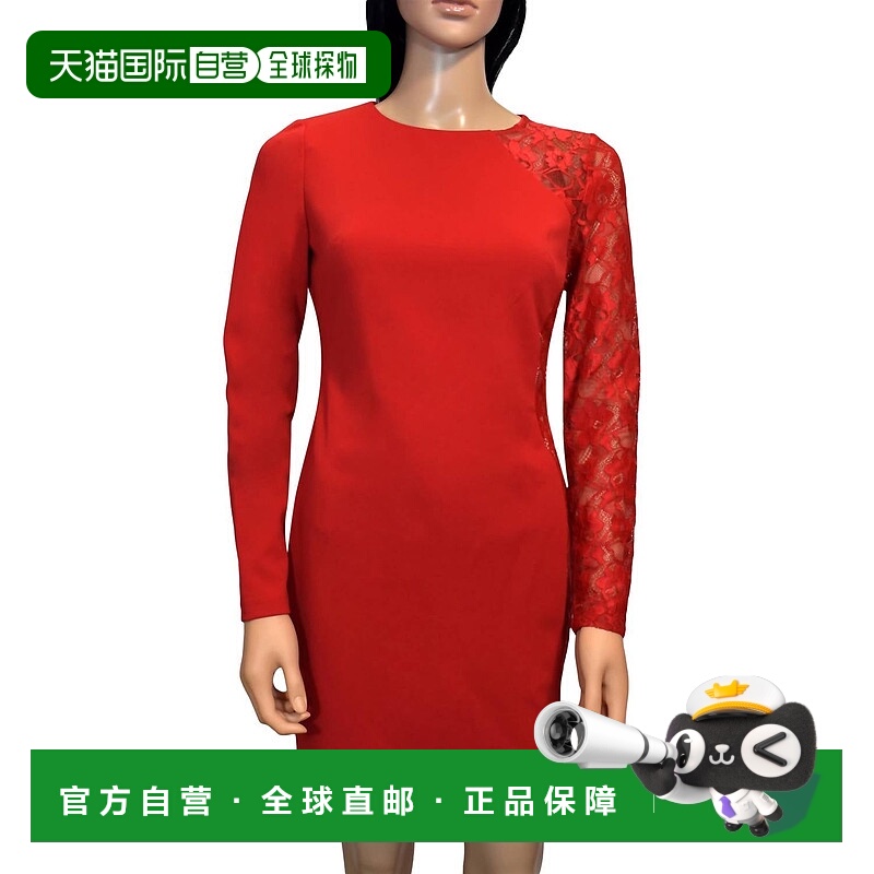 自营 bebe红色蕾丝长袖及膝细节紧身连衣裙 - 红色 美国奥莱直发