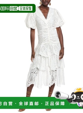 自营FARM Rio White Cotton Eyelet V Neckline Puffed Sleeve Mi