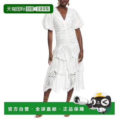 自营FARM Rio White Cotton Eyelet V Neckline Puffed Sleeve Mi