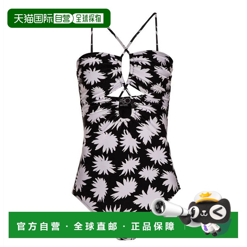 自营 patbo女士大丽花花卉图案连体泳衣（黑色/白色） - 黑色/白