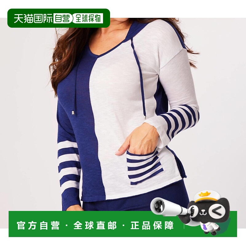 自营french kyssV-Neck Long Sleeve Hoodie In Navy/white - nav