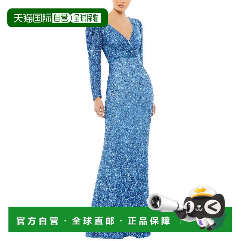 自营Mac Duggal亮片v领泡芙长袖a字裙-法国蓝色 美国奥莱直发