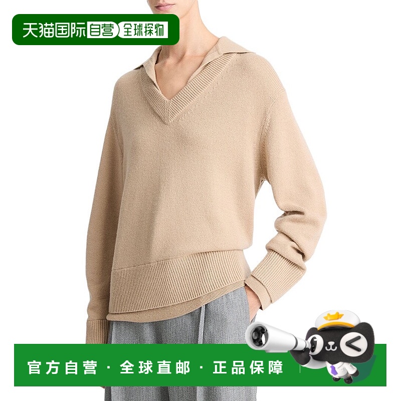 自营Vince领双层羊毛和羊绒混纺套头衫-棕色 美国奥莱直发