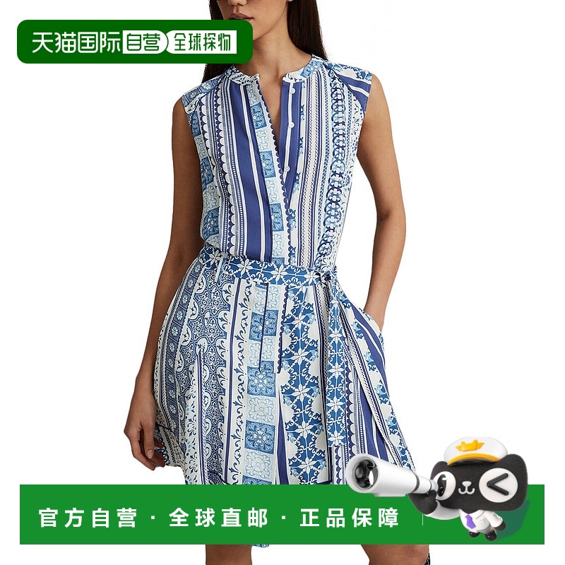 自营 Reiss Florence瓷砖印花翻转连衣裙-蓝色 美国奥莱直发