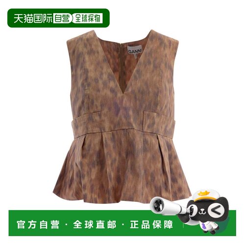 自营ganniPleated V-neck Blouse with Subtle Mottled Print - b