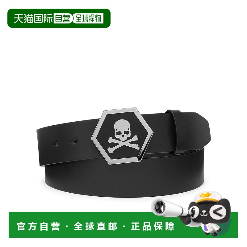 自营philipp pleinLeather Belt Skull - black/nickel 美国奥莱