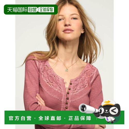 自营lucky brandLucky品牌女蕾丝Henley-珊瑚粉 美国奥莱直发上衣