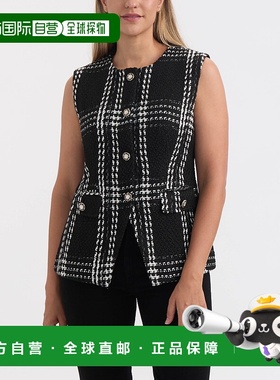 自营Ellen Tracy女式长款口袋背心-黑色格子 美国奥莱直发