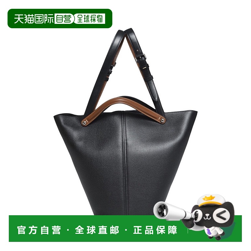 自营maison margielaPebbled Black Leather Tote Bag With Contr