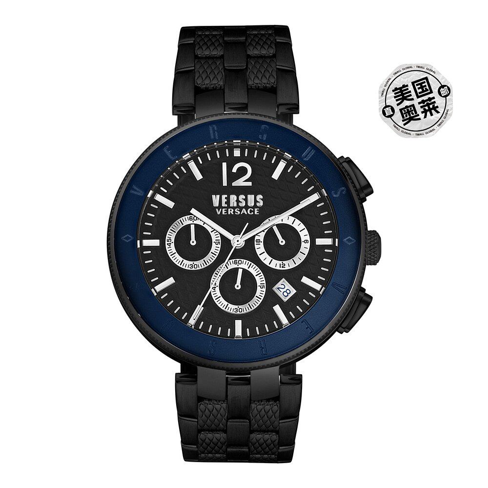 versus versace徽标绅士计时手链腕表 - 黑色/黑色/蓝色 【美国奥