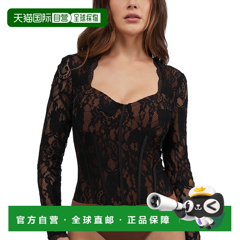 自营 BEBE 女士扇贝边饰蕾丝紧身胸衣 - 黑色 / 阿兹特克 美国奥