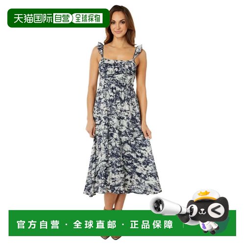自营Moon River连衣裙女式海军蓝印花褶皱褶边A字型派对JDM999-多