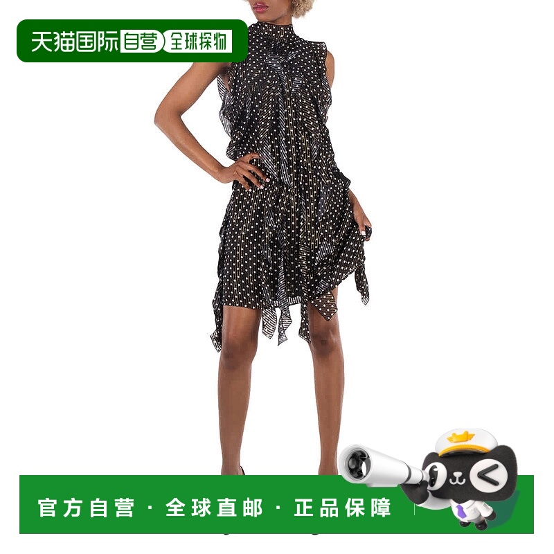 自营 burberry博柏利丝绸褶边波尔卡圆点连衣裙-黑色ip拍 美国奥