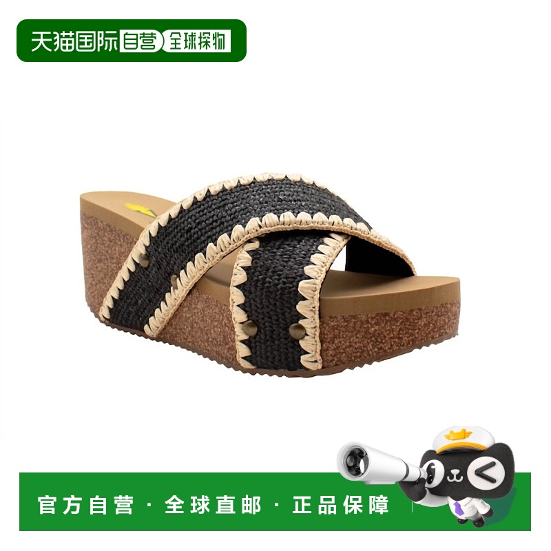 自营volatile女式安提瓜编织拉菲亚凉鞋，黑色 美国奥莱直发