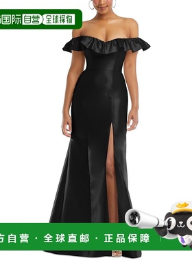 自营alfred sung女士荷叶边涤纶晚礼服 - 黑色 美国奥莱直发长裙