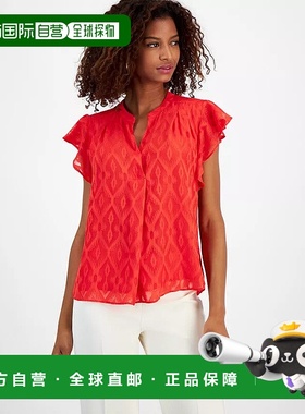 自营T Tahari上衣女式芙蓉红飘动袖开领FTS1218-红色 美国奥莱直
