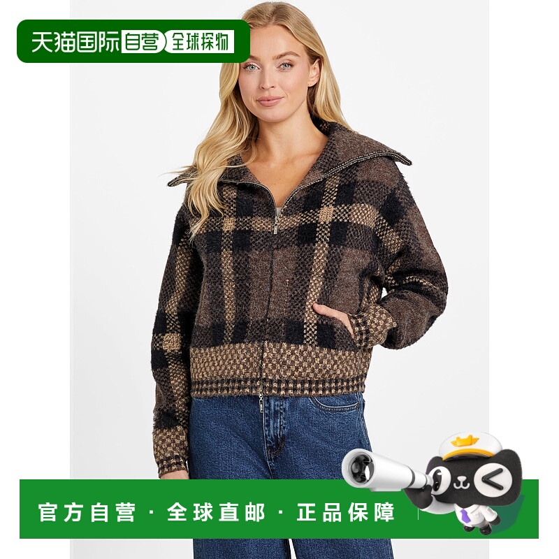自营guessLiana Plaid Sweater Cardigan - brown oak multi 美国
