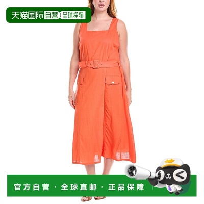 自营 Tahari ASL Plus亚麻混纺迷笛连衣裙-橙色 美国奥莱直发