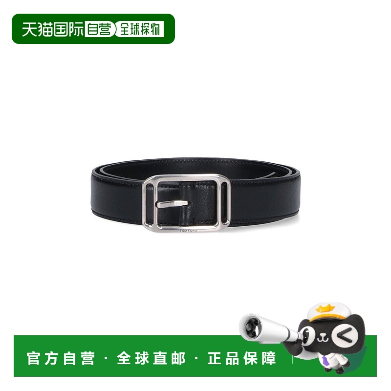 自营tom fordPolished Silver Buckled Black Leather Belt - bla