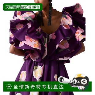 紫色 自营 V领折叠褶边丝绸上衣 Carolina 美国奥莱直发 Herrera