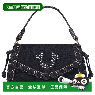 自营True Religion Studded Horseshoe Eyelet Denim Flap Bag -
